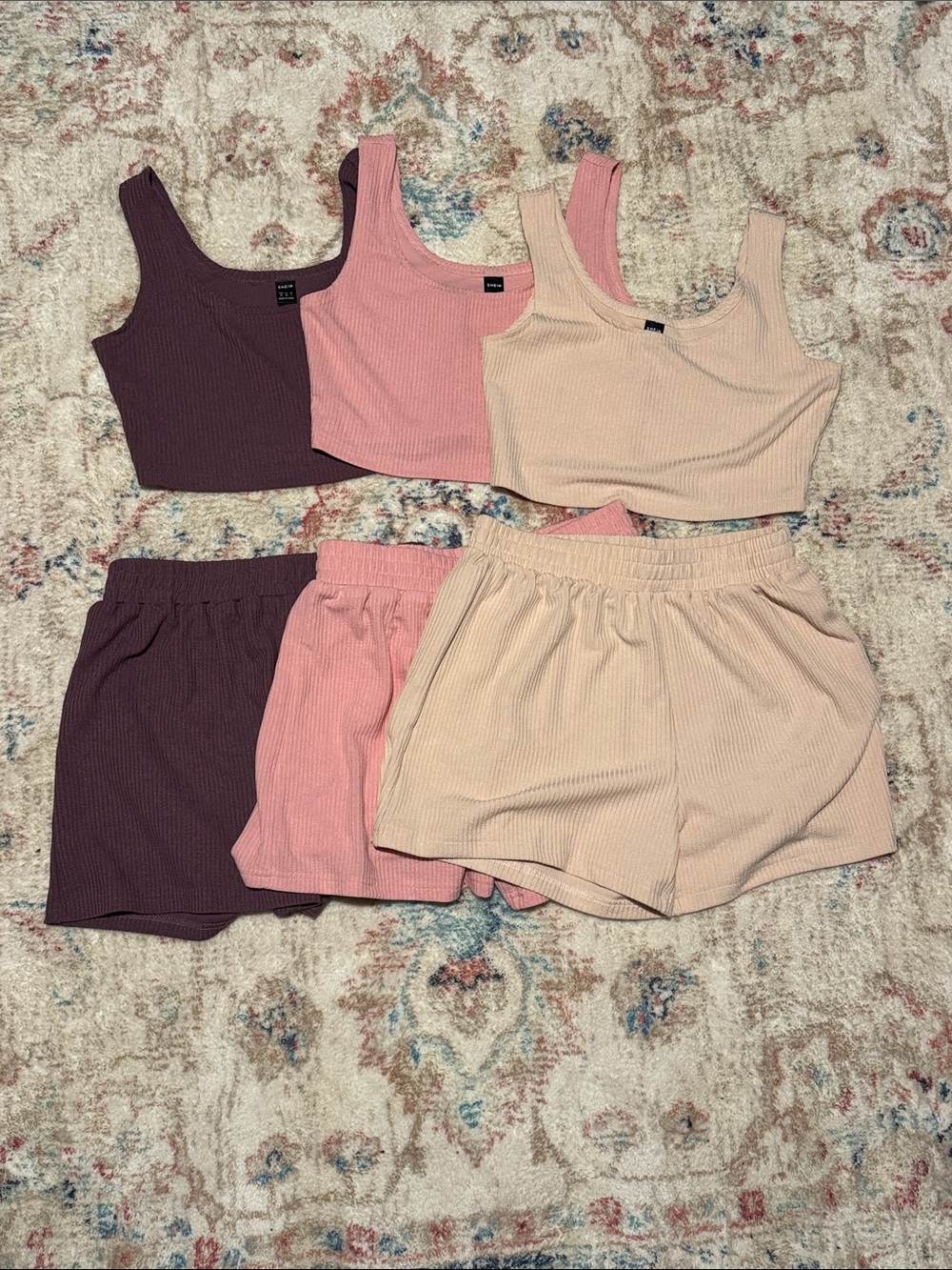 Ribbed Tank & Shorts Sleep Set - Blush, Mauve, Cream